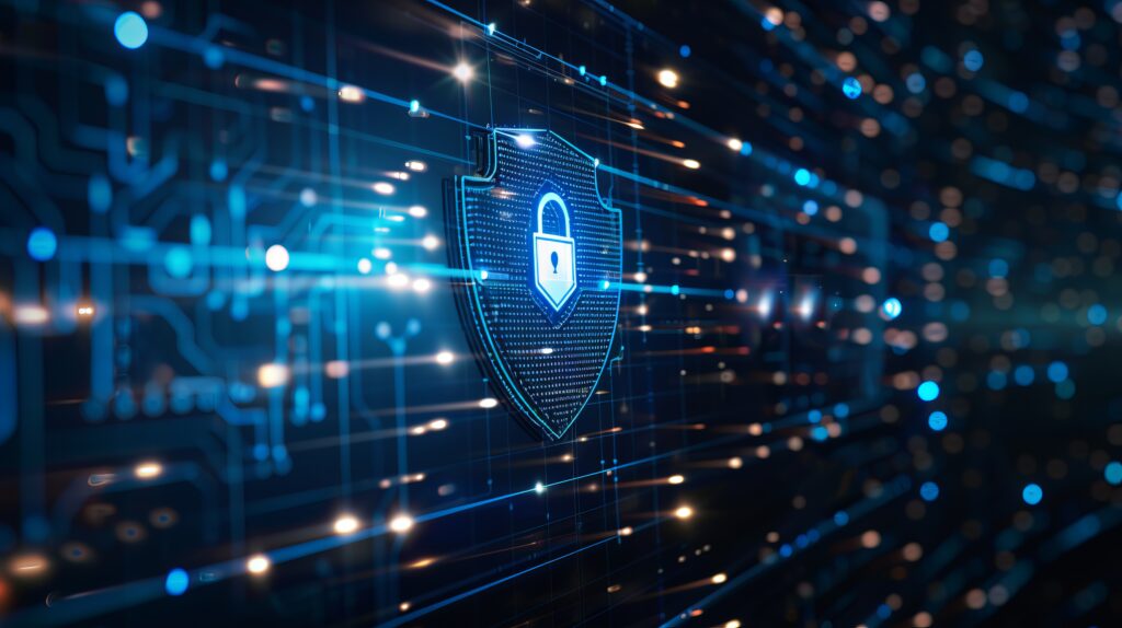 Shield icon on secure global network symbolizing data protection