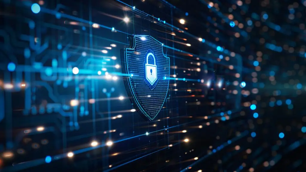 Shield icon on secure global network symbolizing data protection