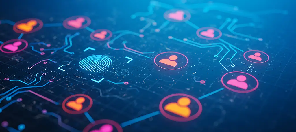 A concept of data security presented as connections between digital profiles with a fingerprint in the center