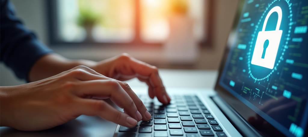 A person typing on a laptop keyboard with a padlock on the screen as a symbol of cybersecurity