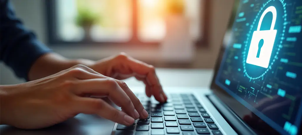 A person typing on a laptop keyboard with a padlock on the screen as a symbol of cybersecurity
