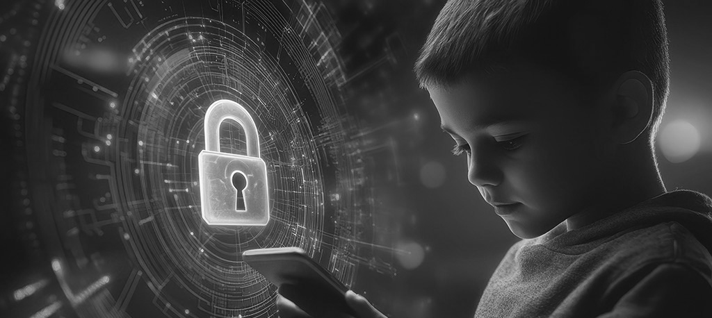 A young boy holding a phone, surrounded by a futuristic cybersecurity hologram with a glowing padlock.