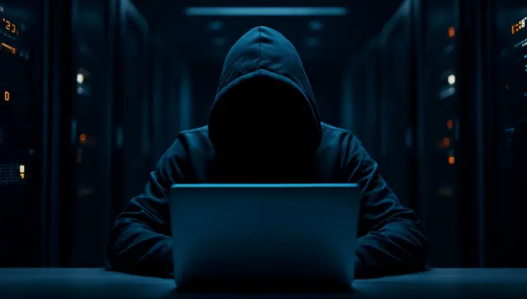 An anonymous hacker in a hoodie trying to track a digital footprint