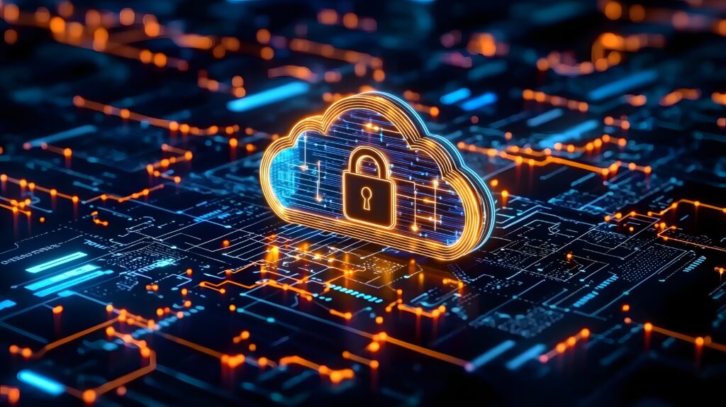 A concept of cybersecurity shown as a luminous cloud icon and a padlock in the middle, over the intricate circuits