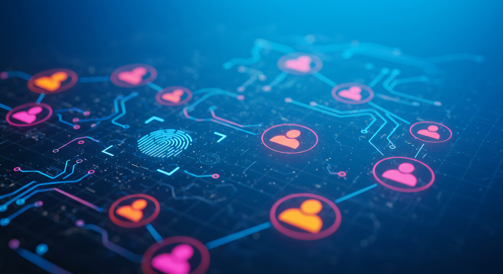 A concept of data security presented as connections between digital profiles with a fingerprint in the center