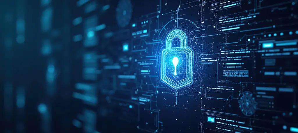 A digital padlock on a futuristic interface as a symbol of cybersecurity.
