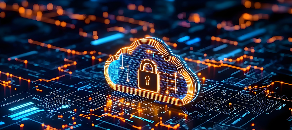 A concept of cybersecurity shown as a luminous cloud icon and a padlock in the middle, over the intricate circuits