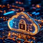 A concept of cybersecurity shown as a luminous cloud icon and a padlock in the middle, over the intricate circuits