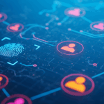 A concept of data security presented as connections between digital profiles with a fingerprint in the center