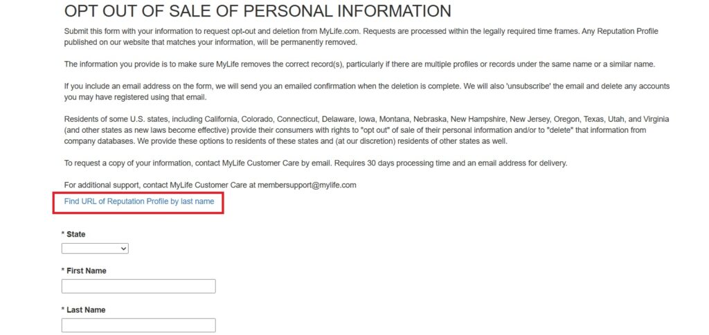 The location of the “Find URL of Reputation Profile by last name” on the MyLife opt-out form