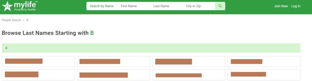 Last names list example on MyLife.com