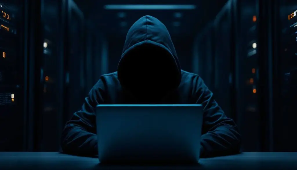 An anonymous hacker in a hoodie trying to track a digital footprint