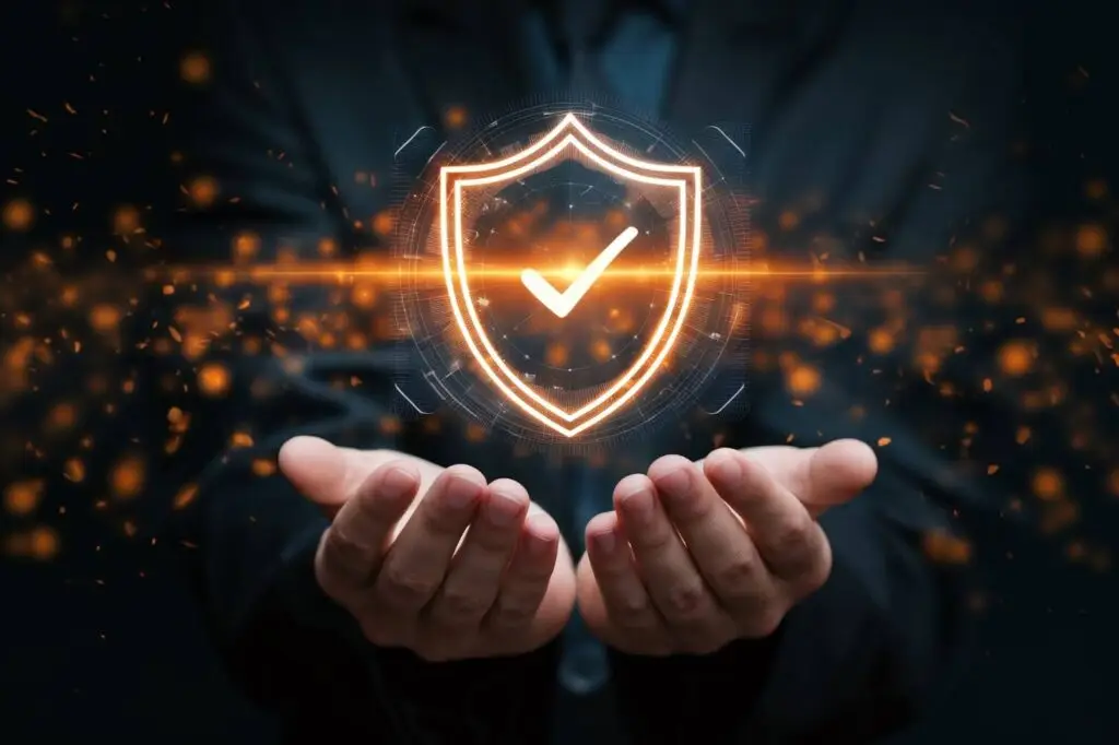 Digital security symbolized by a glowing shield with a checkmark over someone’s hands