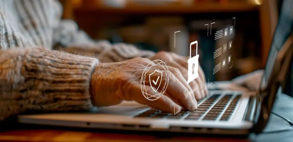 A close-up on an elderly person’s hands applying cybersecurity measures