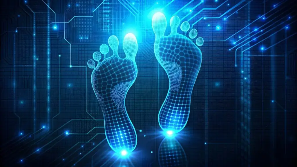 Glowing digital footprints on a dark technological background