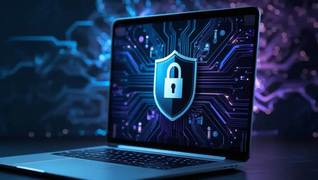 A laptop screen with a lock icon and shield