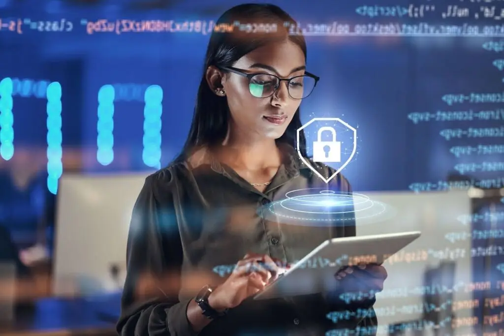A woman using her tablet to protect her digital footprint