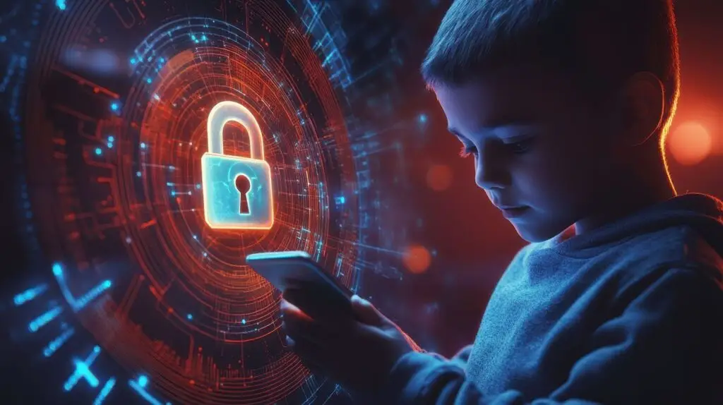 A young boy holding a phone, surrounded by a futuristic cybersecurity hologram with a glowing padlock