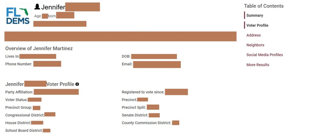 An example profile in the Florida Residents directory