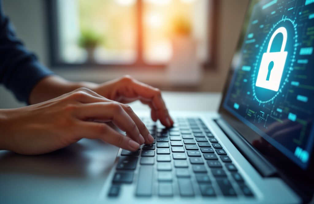 A person typing on a laptop keyboard with a padlock on the screen as a symbol of cybersecurity