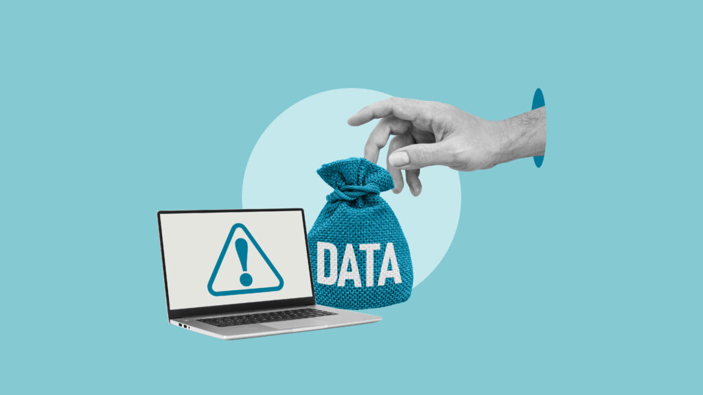A hand reaching out from a portal to take a bag labeled “DATA” from a laptop, which shows a warning symbol, representing the risk of data theft or unauthorized data access