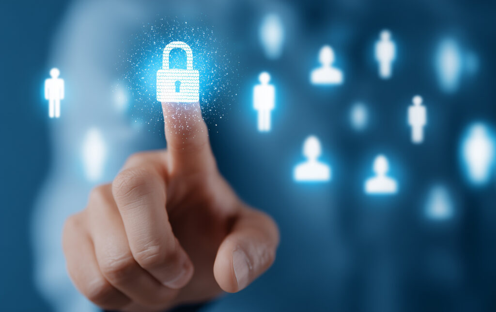 Data protection symbolized by a glowing blue padlock icon touched by a human finger