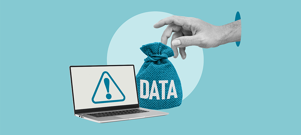 A hand reaching out from a portal to take a bag labeled “DATA” from a laptop, which shows a warning symbol, representing the risk of data theft or unauthorized data access