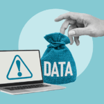 A hand reaching out from a portal to take a bag labeled “DATA” from a laptop, which shows a warning symbol, representing the risk of data theft or unauthorized data access