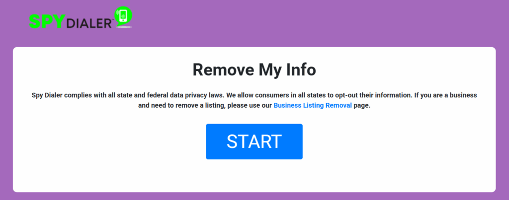 Remove My Info” window on SpyDialer