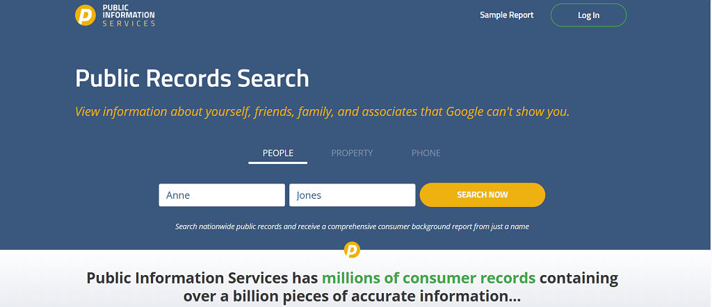 A screenshot of the Public Information Services people search tool