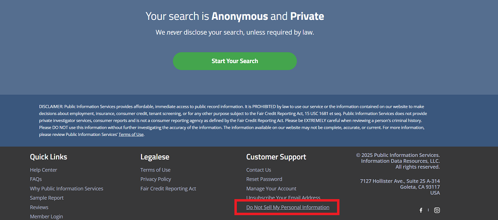 A screenshot showing the Public Information Services Do Not Sell My Personal Information button