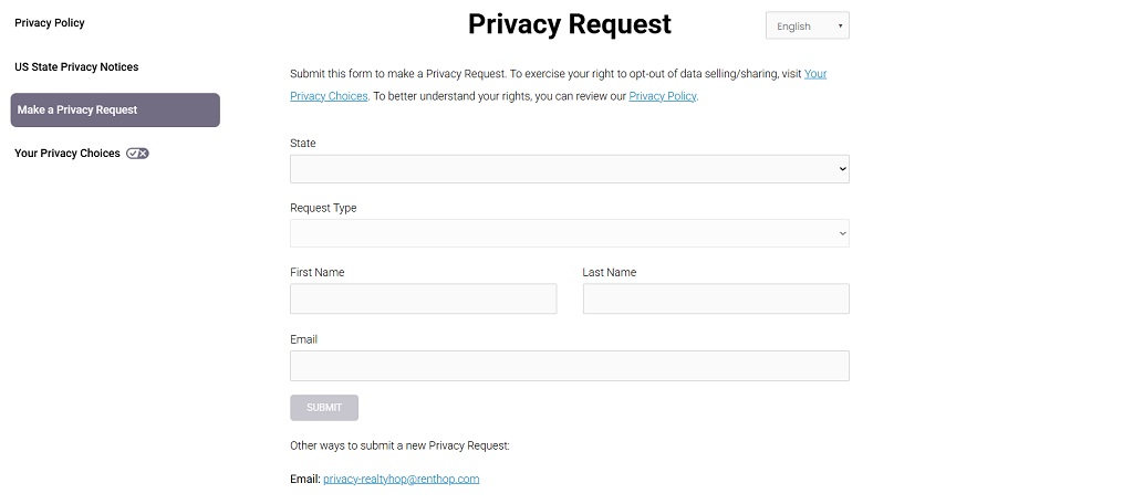 Privacy request form on RealtyHop