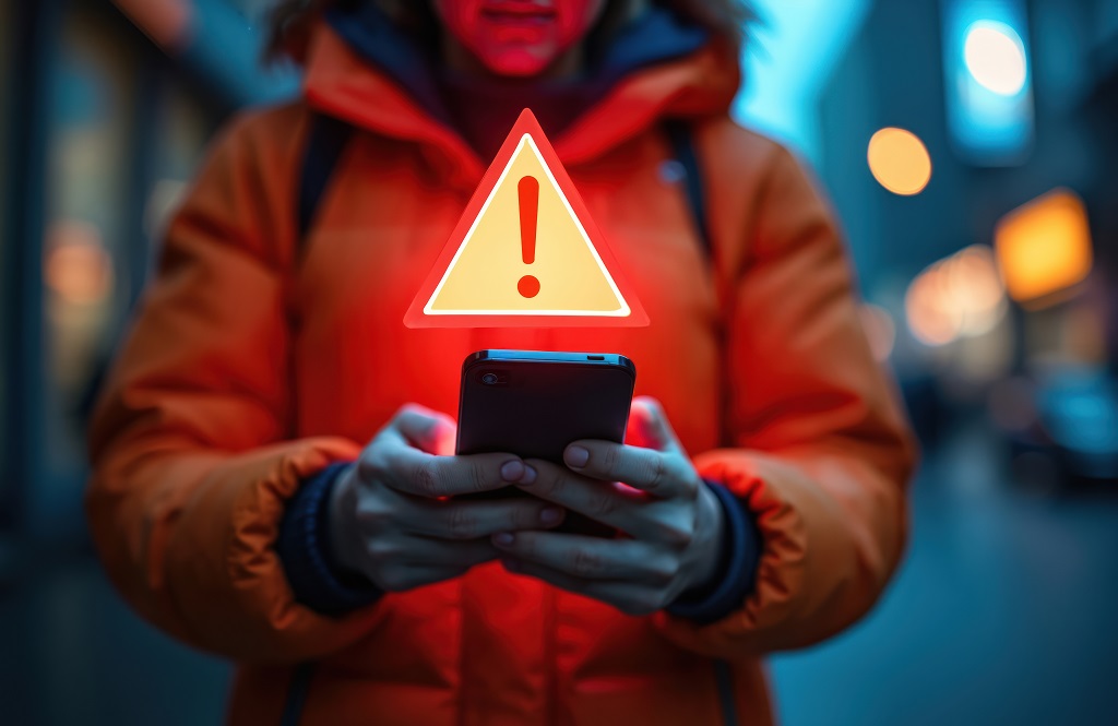 A person holding a smartphone with a big warning sign over it