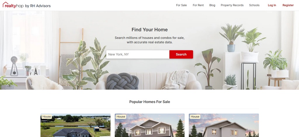 A screenshot of the RealtyHop homepage