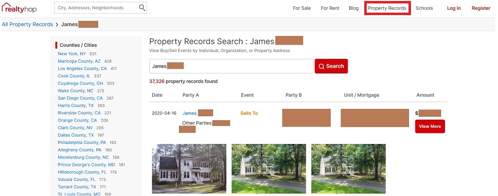 A screenshot of the RealtyHop’s property records