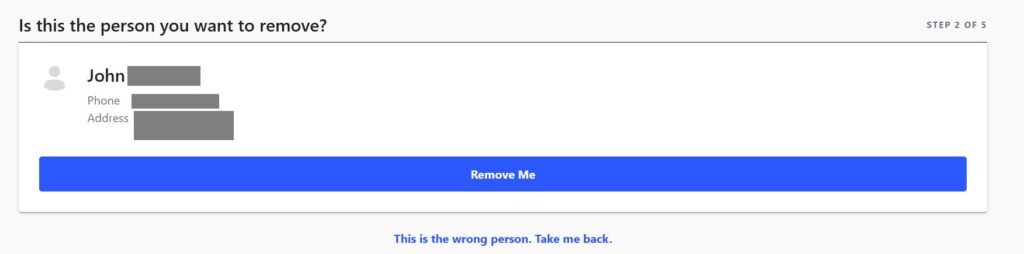 A screenshot of the data removal process on Whitepages