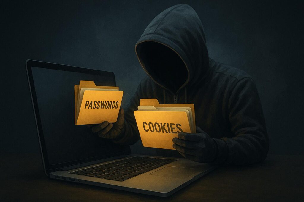 Hooded figure stealing folders labeled ‘PASSWORDS’ and ‘COOKIES’ from a laptop screen, symbolizing data theft by stealer malware