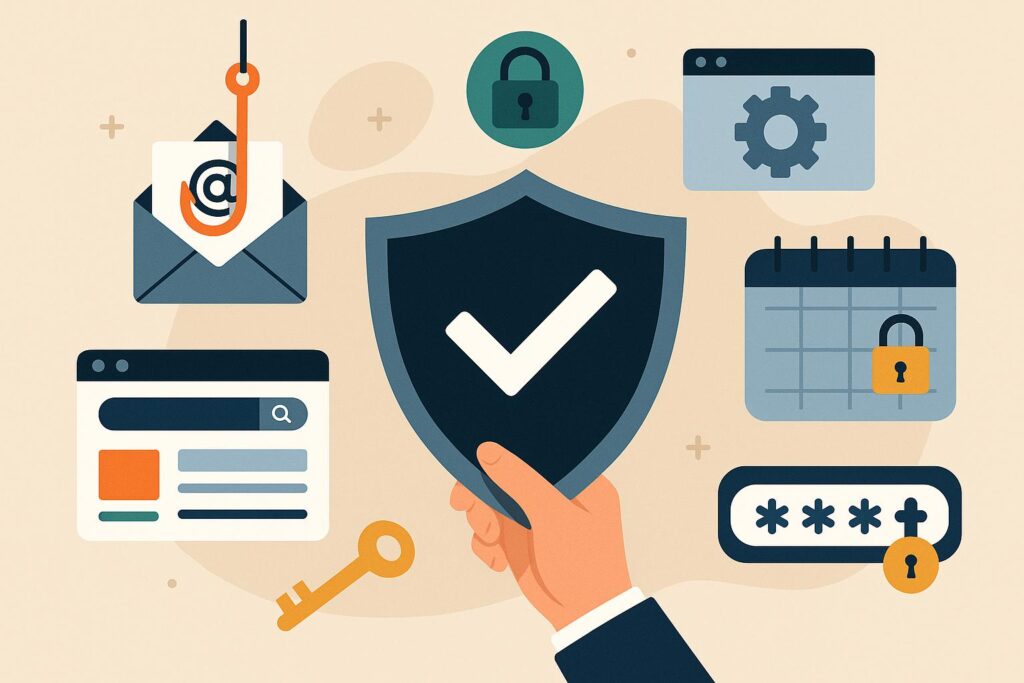 Illustration of cybersecurity defenses with a shield and checkmark surrounded by icons for phishing protection, encryption, password management, and secure access.