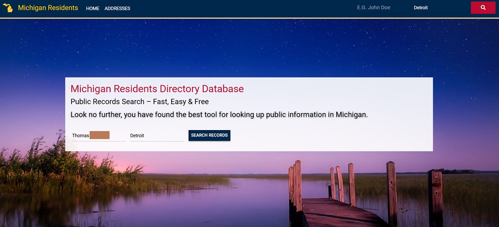 A screenshot of the Michigan Residents Database’s people search tool