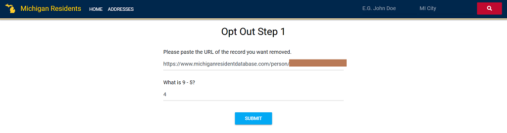 A screenshot of the first opt-out step on the Michigan Residents Database
