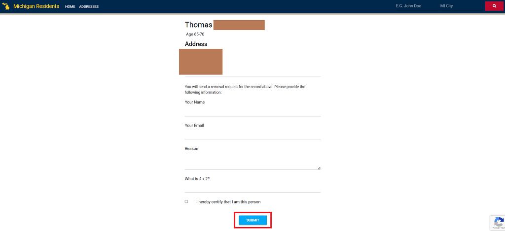 A screenshot of the second opt-out step on the Michigan Residents Database
