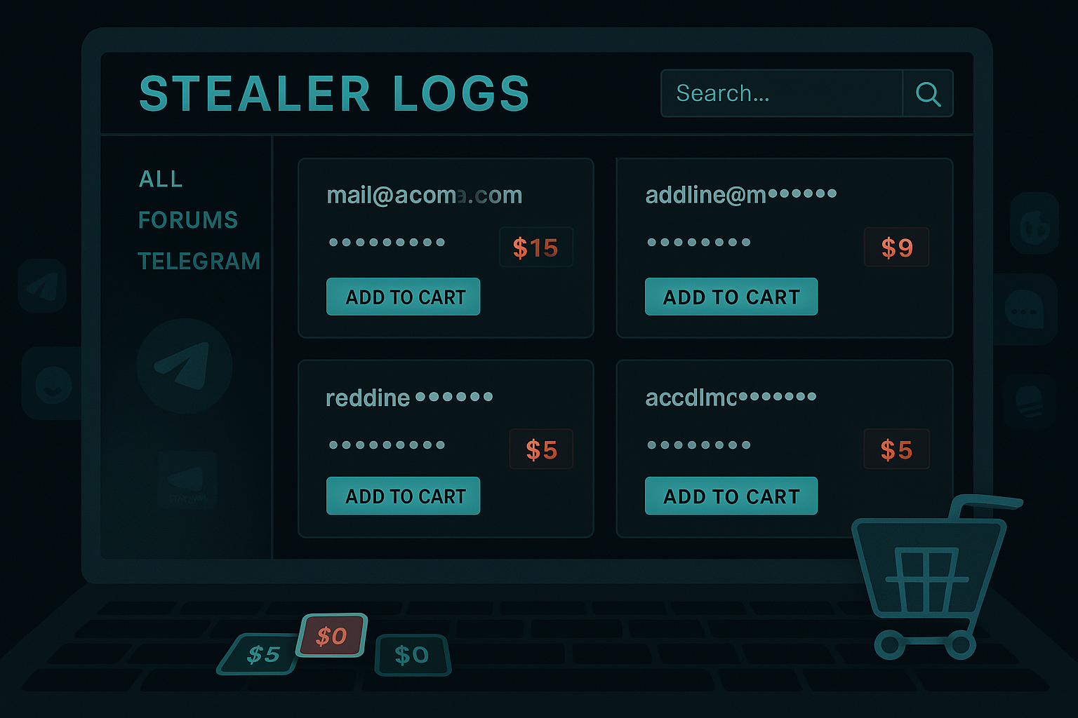 Digital illustration of a dark web marketplace interface selling stolen credentials with prices and add-to-cart buttons