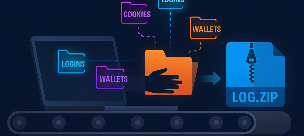 Illustration of an assembly line turning stolen data folders labeled ‘logins,’ ‘cookies,’ and ‘wallets’ into a compressed file named ‘LOG.ZIP,’ symbolizing stealer logs.