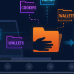 Illustration of an assembly line turning stolen data folders labeled ‘logins,’ ‘cookies,’ and ‘wallets’ into a compressed file named ‘LOG.ZIP,’ symbolizing stealer logs.