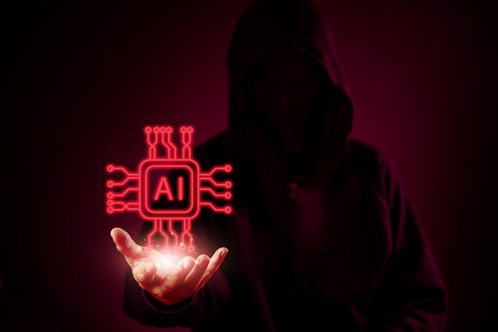 AI hacker holding a glowing red symbol artificial intelligence