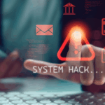 A system hack warning with digital alert icons over a keyboard, pressed by a person holding a smartphone