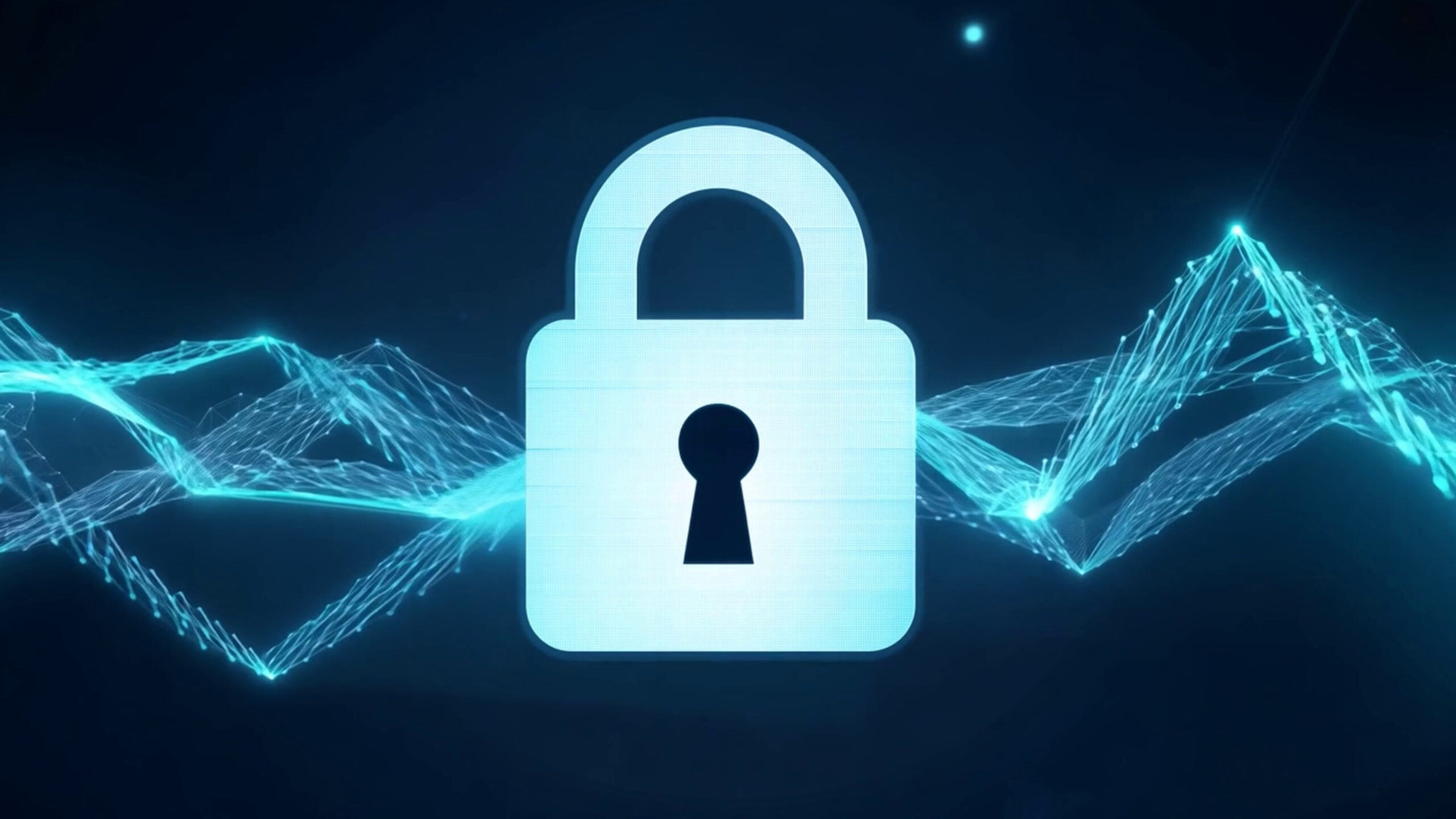 Stylized lock icon emitting a glowing blue light