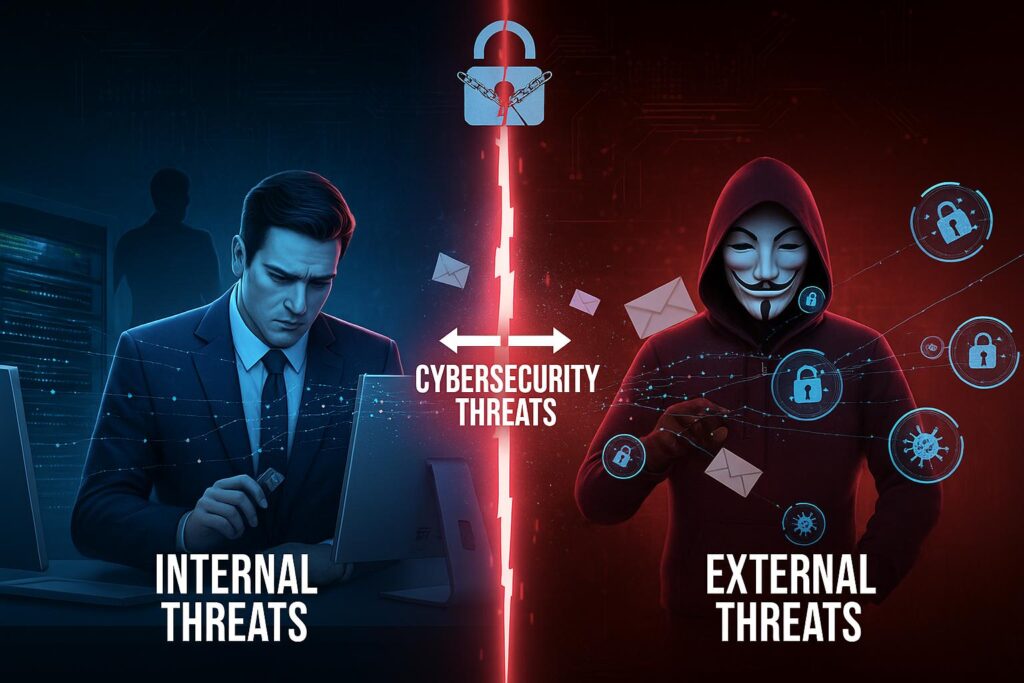 Split-screen image showing internal vs external cybersecurity threats, with a suited employee on the left and a masked hacker on the right.