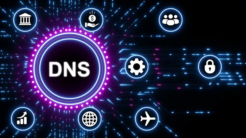 Digital network with DNS acronym and technology icons on black background