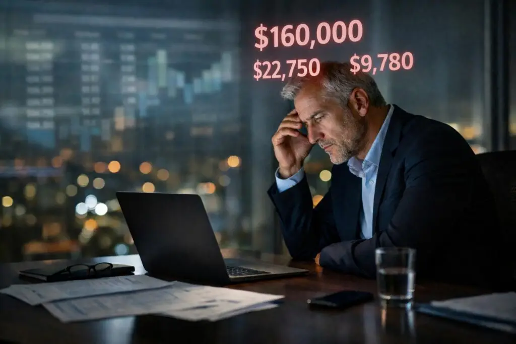 Executive reviewing breach losses as large red dollar figures appear above his head